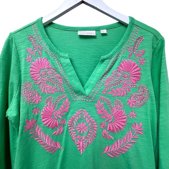 Kim Gravel Bellisima Top Medium Petite Green Pink Embroidery 3/4 Sleeve Tee - Picture 2 of 10